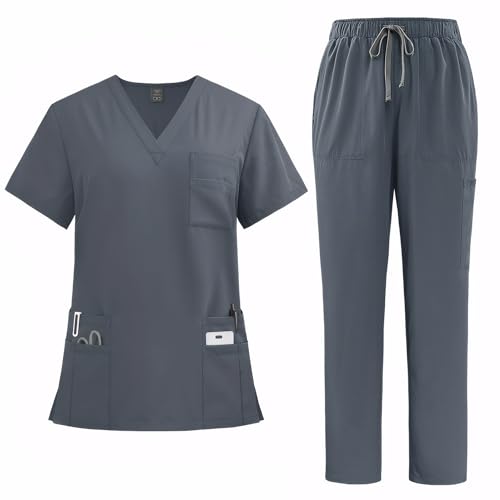 Meichoon Conjunto de uniforme médico para mujer, con cuello en V, manga corta, pantalones rectos, 8 bolsillos, cordón elástico, absorbe la humedad, DK77, Gris, M