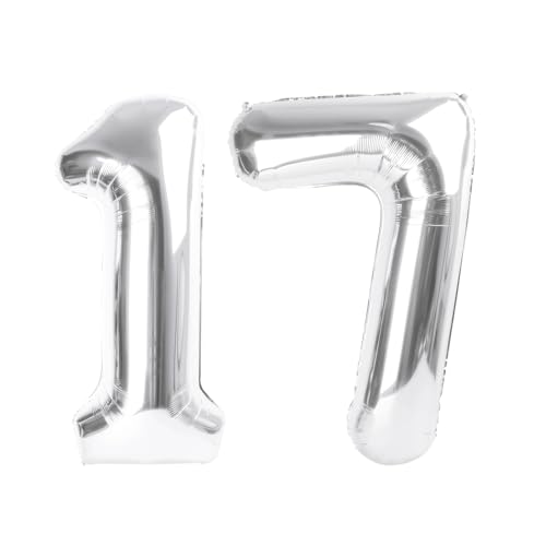 Image of Number Balloons 17 Balloon Silver for 17 Birthday Party Decoration, 40 inch | Saturated Color, Large 40 inch, With Straw & Hanging Hole, For Back-To-School Season, Anniversary, Christmas, New Year