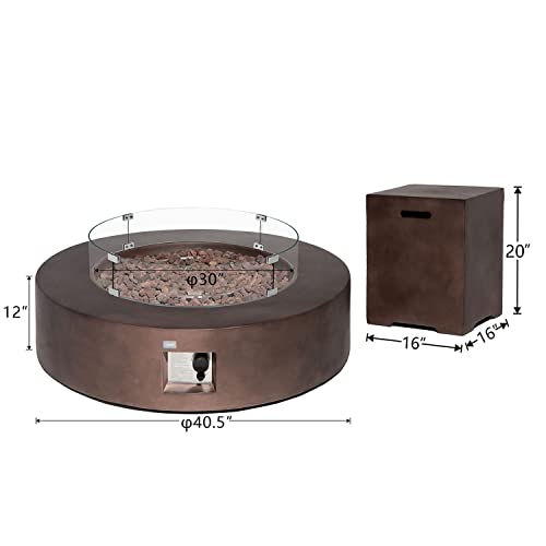 COSIEST 2-Piece Outdoor Propane Firepit Table Set w Tank Table, 42 inch Dark Fire Table Certified, 50,000 BTU w Bronze Round Base,Wind Guard and 16 inches Tank Side Table 20lb for Garden,Pool
