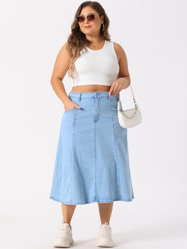 Agnes Orinda Women's Plus Size Denim Skirts Vintage High Waist with Pockets A-Line Midi Jean Skirt3