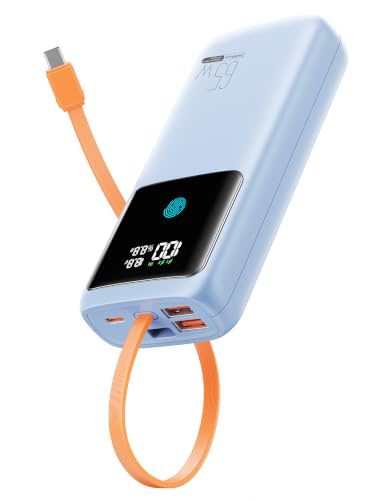 Image of Portable Laptop Charger 24000mAh 65W w /USB C Built-in Cable Blue | 65W Fast charging, LED display, Charge 4 devices at once, Pass through, TSA approved, Compatible with Macbook /Notebook /iPhone