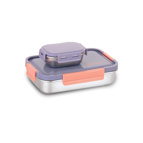 WARMEO Carnival Stainless Steel Airtight Leak-Proof Lunch Box, Light Weight, Easy to Clean, Perfect for Office, School, Picnic & Travelling, Set of 2 (800ml+150ml) Purple & Peach