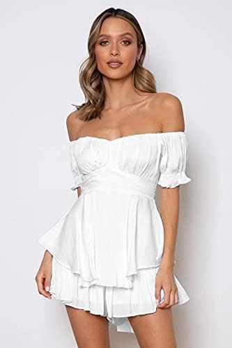 Womens Off Shoulder Boho Short Romper Ruffle Chiffon Tie Waist Shorts Jumpsuit Playsuits - Image 2