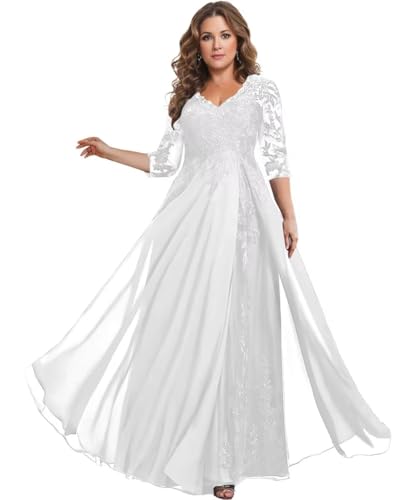 Image of HANVAIOS Sparkly Mother of The Bride Dresses for Women Long Chiffon 3 /4 Sleeve Lace Appliques Formal Gown
