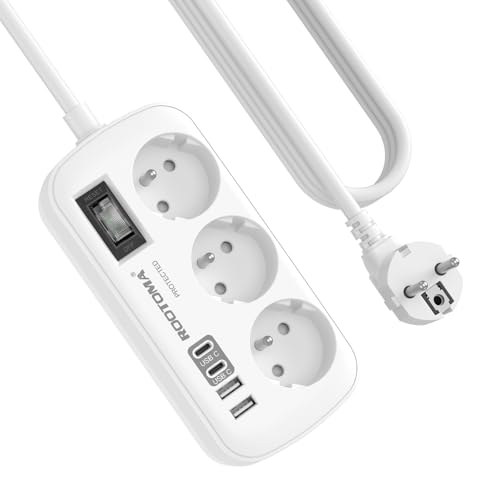 Multiprise 3 Prises avec 4 USB(2 USB-C), Multiprise Parafoudre et Surtension avec Interrupteur et Câble de 1,5 m, Fixation Murale pour Maison Bureau, Blanc...