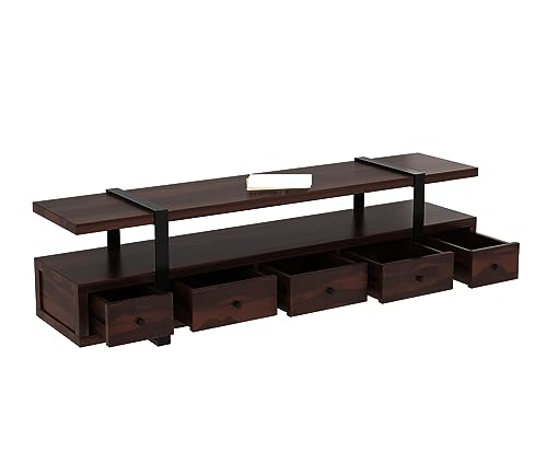 Image of Rustic Sheesham Wood & Metal TV Unit with 5 Drawers, 1 Shelf, and Storage for up to 70-inch TV - Perfect for Your Living Room (Arsenal, Walnut Finish)