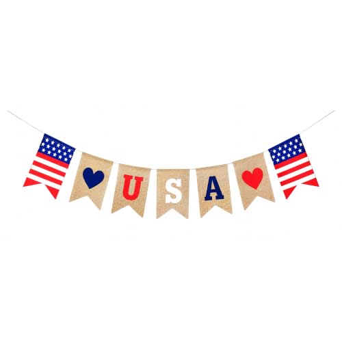 Image of Mandala Crafts Burlap USA Banner Garland for 9 /11 Patriot Day & Labor Day | American Flag Jute Pennant Bunting, Pre-Strung Patriotic Decor for Citizenship Parties, Civic Events & Day of Remembrance