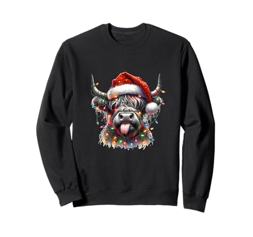 Scottish Highland Cow With Xmas Lights, Funny Christmas Cow Sweatshirt