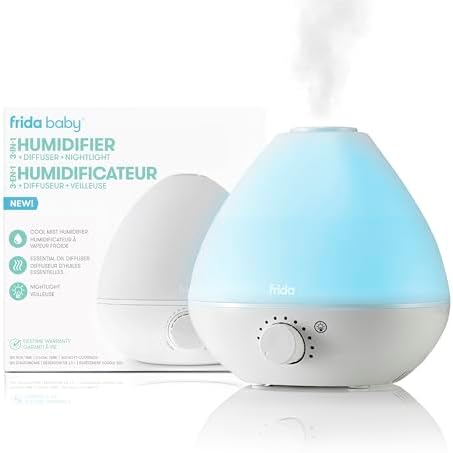 Frida Baby 3-in-1 Cool Mist Humidifier for Large Rooms, Top Fill Humidifier for Bedroom, Allergy Relief, 60 Hour Runtime + Nightlight, Auto Shut-Off, Quiet, Carry Handle, Essential Oil Diffuser