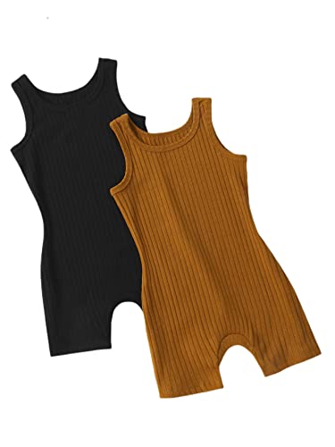 Makemechic Girl's 2Pack Summer Rompers Sleeveless Scoop Neck Ribbed Romper Black And Ginger 120 #TOP22