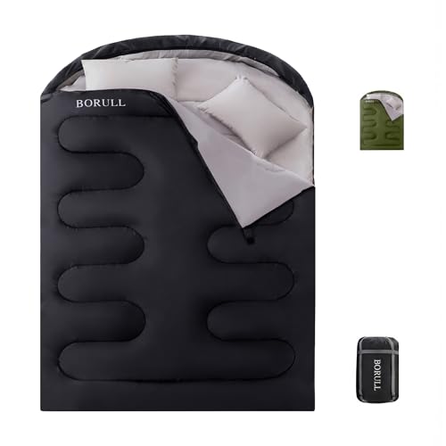 BORULL Double Sleeping Bags Queen Size for Adults Camping with 2 Pillows
