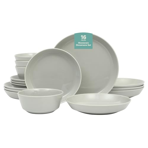 Image of Gibson Home Summer Shades 16 Piece Plates and Bowls Dishes Service for 4 Porcelain Dinnerware Set - Grey