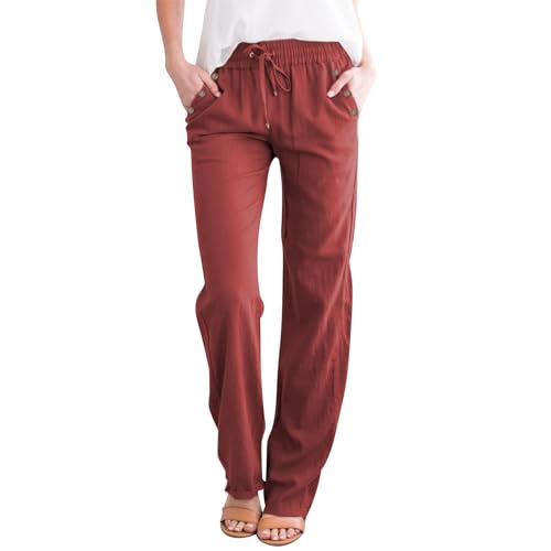 Pantalones casuales de pierna ancha para mujer, cintura elástica, pantalones modernos y minimalistas, cómodos, holgados, ligeros y de color sólido con cordón, Vino, XXX-Large