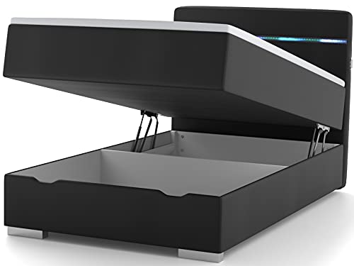 Boxspringbett 140×200 Wonello Monza mit Bettkasten in Schwarz und LED