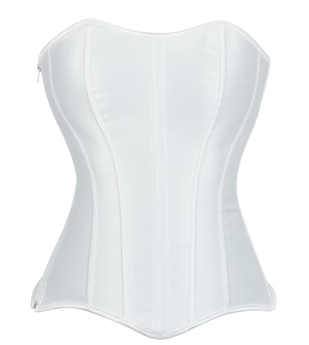 YMFFW Sexy Satin Corset Bustier for Women Lace up Boned Bride Overbust Corset Top Black Satin Waist Cincher White XXL