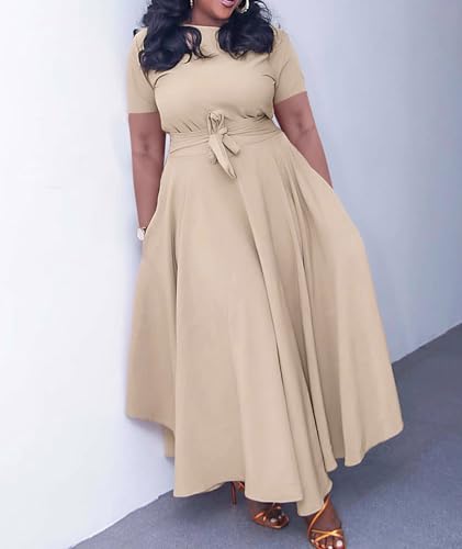 Image of SOMTHRON Women's Casual 3 /4 Sleeve Long Maxi Dress A-Line Flared Solid Wrap Tie Waist Swing Dresses