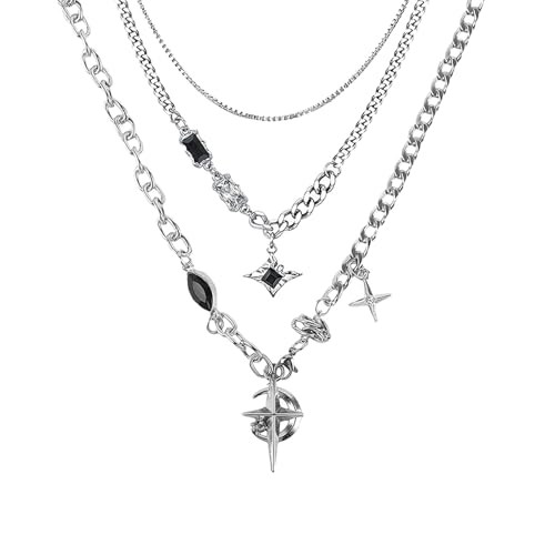 Image of 2Pcs Gothic Jewellery, Crescent Black Diamond Star Necklace, Silver Chain for Men, Punk Style Necklace for Women, Stylish Gothic Fashion Accessory for Everyday Wear and Special Occasions