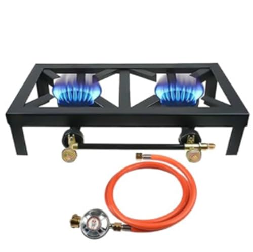 Réchaud à gaz portable à double brûleur avec régulateur de haute pression réglable et pieds stables pour extérieur, terrasse, camping, barbecue (EURO)