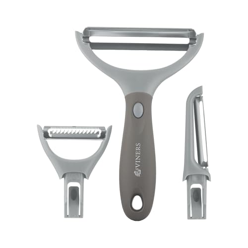 Viners 3-in-1 Switchable Peeler | Stainless Steel Multi-Function Peeler with Straight, Julienne & Wide Blades | Compact Space-Saving Kitchen Gadget | Grey & Silver | Easy Fruit & Veg Prep