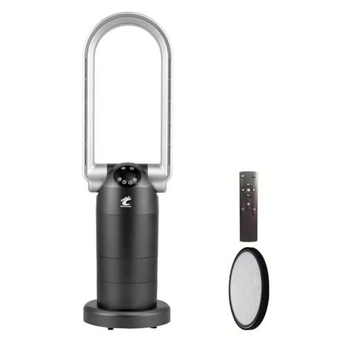 Ocean Loong Bladeless Tower Fan Heater and Cooler with HEPA Air Purifier - Remote Control Timer Oscillation & Tilt Head Thermostat for Home Bedroom Energy Efficient, 29Inches 1500W, Black