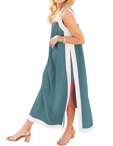 Image of Hooever Women's 2 Piece Sets Boho Color Block Sleeveless Maxi Dress Matching Shorts with Pockets