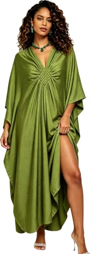 Image of RanRui Caftans for Women Solid Color Chiffon Plus Size Kaftan Dresses Beach Cover Up V Neck Batwing Sleeve Caftans Loungewear