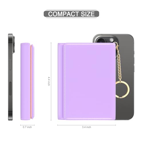 Small Slim RFID Card Wallets for Women, Trifold Leather Card Wallet Organizer, Cute Front Pocket Wallets with 7 Card Slots & ID Window, Purple2