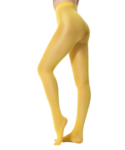 CozyWow Shaping Tights for Women, 80D Shimmery Pantyhose for Dance, High Waist Glossy Stockings for Ballet, Daily Wear, Lemon Yellow, S-M