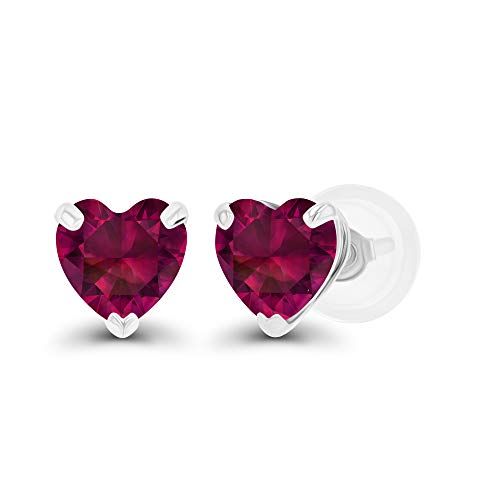 Solid 14K White Gold 5mm Heart Created Ruby Stud Earrings