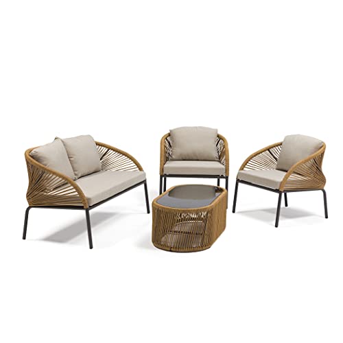 Image of DEVOKO Outdoor 4 Piece Patio Garden Rope Sectional Sofa Set with Glass Top Table All Weather Conversation Furniture for Porch, Backyard, Terrace (Beige & Grey)