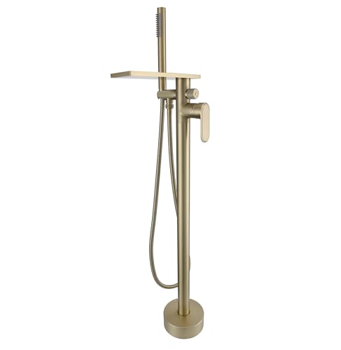 Image of Brushed Gold Freestanding Bathtub Faucet & Mixer with Handheld Shower Head - Luxury Floor Mounted Brass Bath Tap for Elegant Bathroom Upgrade