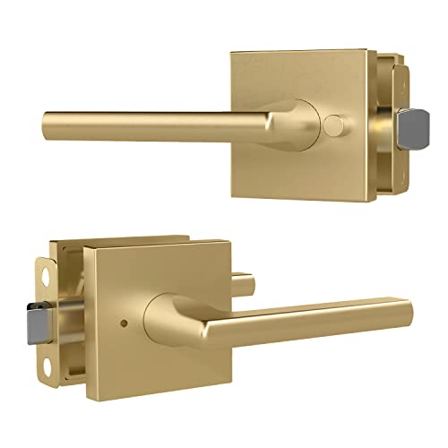 Image of Mega Handles Privacy Door Lever Handle Interior for Bedroom and Bathroom Prime Heavy Duty Keyless Reversible Door Levers, Modern Square Design, Hidden Screws, Zinc Alloy - Satin Brass (1 Pack), 5 inch