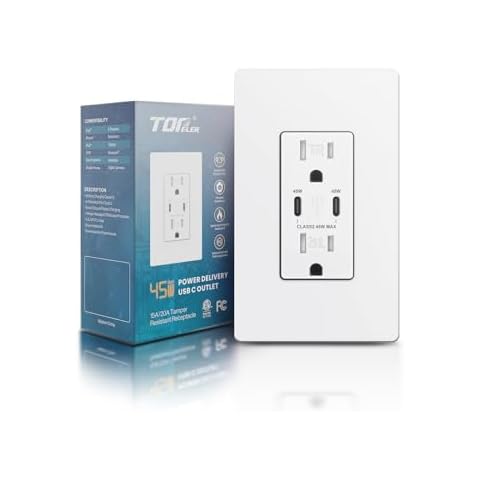 TOPELER USB C Outlet, 45W GaN+ Power Delivery in-Wall Receptacle, 15A Tamper-Resistant Outlet with Dual Type-C Port, USB Charging Power Outlet for Smartphones, Tablets, Laptops, ETL & FCC Listed Cover