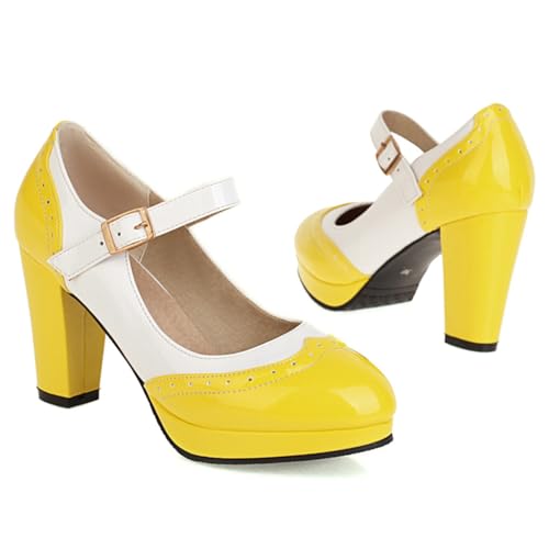 Women's Chunky High Heels Mary Jane Pumps Shoes Round Toe Two Toned Platform Wedding Party Dress Shoe2