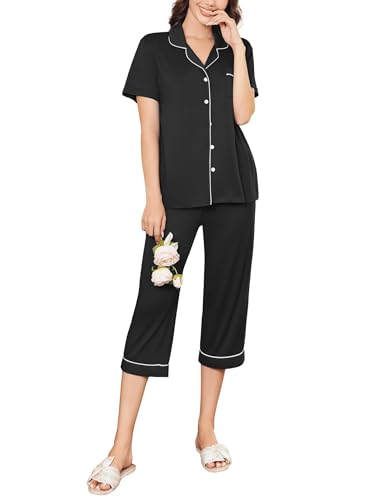 Ekouaer Capri Pajamas for Women Short Sleeve Button Down Sleepwear Comfy Lounge Set 2-Piece Pants Pjs