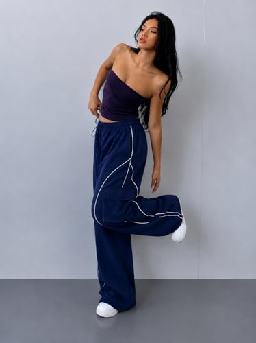 Image of Parachute Baggy Track Pant for Women | Korean Style Loose Fit Wide Leg Cargo Pockets | Piping Casual Trouser