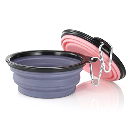 Image of Dog Bowl Pet Collapsible Bowls, 2 Pack Collapsible Dog Water Bowls for Cats Dogs, Portable Pet Feeding Watering Dish for Walking Parking Traveling with 2 Carabiners (Small, Purple+Fairy Pink)