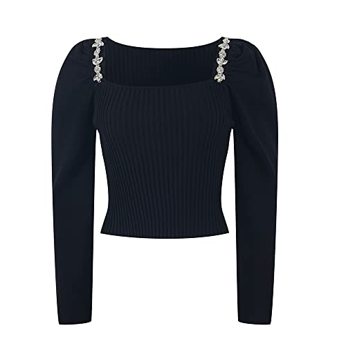 YFbear Rundhals Langarmshirts T-Shirts Damen Langarm Strickpullover Einfarbig Blusen (XL, Schwarz) Cover