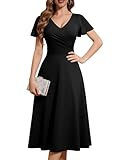 Fynadressr Plus Size Womens Cocktail Dress Wrap V Neck Short Sleeve Cross Belt Ruched Wedding Guest Party Midi Dresses Black 2XL
