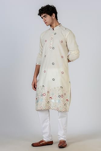 Image of BE ACTIVE Men's Cotton | Regular Fit Casual Mandarin Collar | Long Length Full Sleeves | Embroidered Indian Kurta