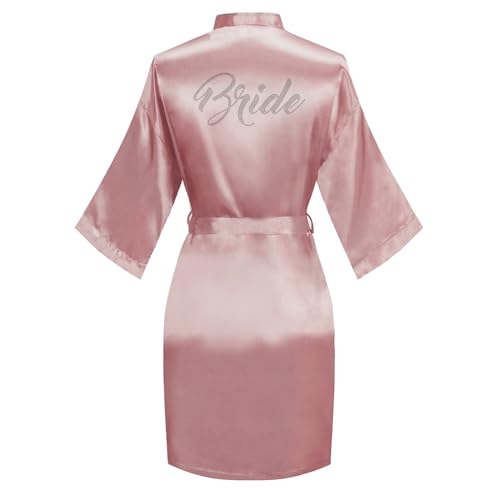 Image of Women's Bride Bridesmaid Robes Short Satin One Size Silver Rhinestones Wedding Party Getting Ready Sleepwear