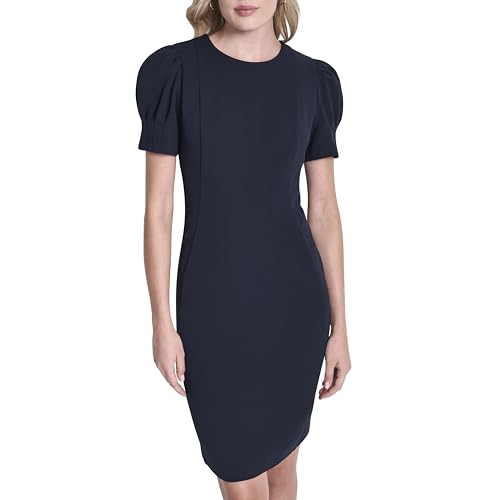Image of DKNY Women's Short Puff Sleeve Knee Length Sheath Dress with Exposed Back Zipper