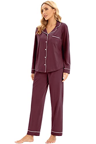 Image of LUBOT 100% Cotton Pajamas for Women PJ Set Soft Long Sleeve Button-Down Shirt 2 PC Set Warm Sleepwear Loungewear Night Suit (Burgundy, 2XL)
