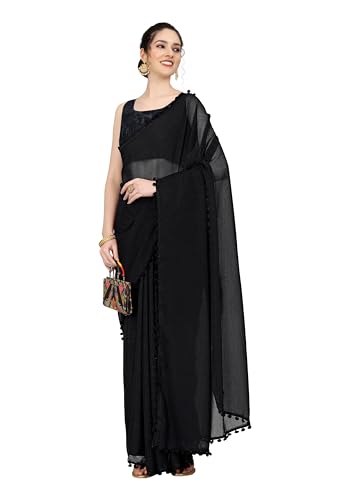 Image of StyleScope Women's Zomato Chiffon Georgette Pom Pom Lace Bordered Saree With Unstitched Blouse Piece (Zomatoo)