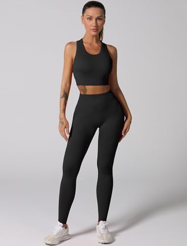 Image of Workout Sets for Women 2 Piece Seamless Ribbed Tank Top Sport Bra High Waist Biker Shorts GYM Yoga Exercise Outfits