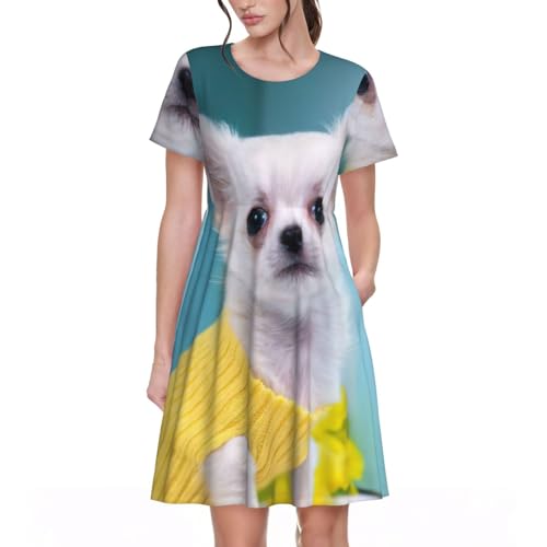 Robe d'été mi-longue motif Chihuahua imprimé mode femme décontractée col rond