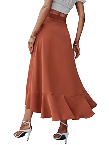 Sweatyrocks Women's High Waist Wrap Front Solid Midi Skirt Ruffle Hem Tie Side Skirts Rust Brown S #TOP1