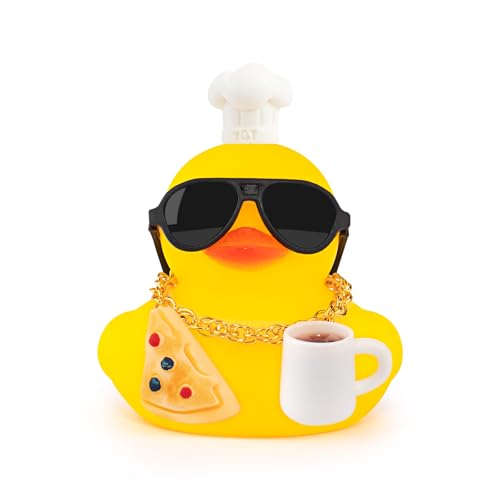 wonuu Breakfast Rubber Duck for Car Dashboard Dacorations, Coffee Break Ducky Car Accessories with Chef's Hat, Gold Chain, Sunglasses (Pizza, American-Style Mug)