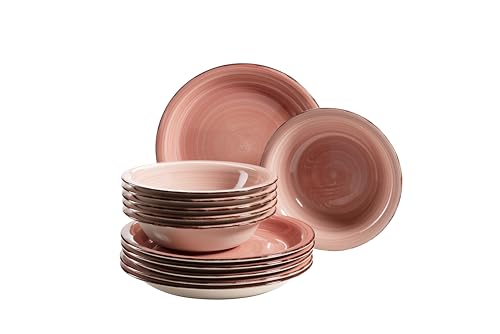 MÄSER 931495 Bel Tempo II, Teller-Set für 6 Personen im modernen Vintage Look, 12-teiliges Tafelservice, handbemalt, Rosa, Steingut