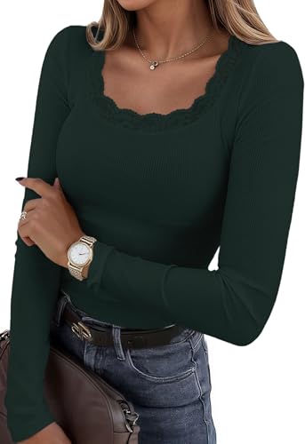 IWD Womens Long Sleeve Tops Casual Slim Fit T-Shirt Lace Crew Neck Ribbed Knit Shirts 2025 Fall Trendy Going Out Basic Tee Dark Green X-Large